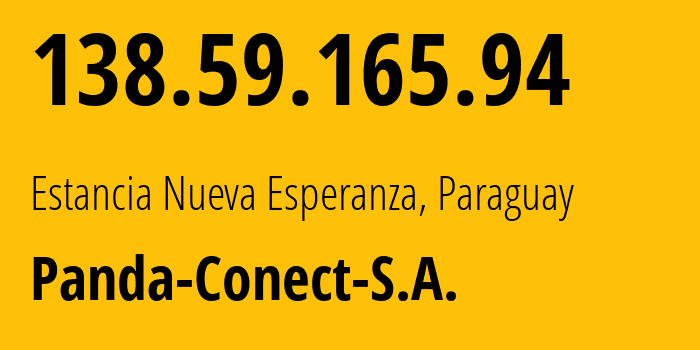 IP address 138.59.165.94 (Estancia Nueva Esperanza, Misiones Department, Paraguay) get location, coordinates on map, ISP provider AS263732 Panda-Conect-S.A. // who is provider of ip address 138.59.165.94, whose IP address