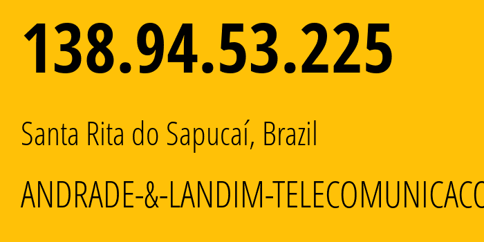 IP-адрес 138.94.53.225 (Санта-Рита-ду-Сапукайя, Минас-Жерайс, Бразилия) определить местоположение, координаты на карте, ISP провайдер AS264106 ANDRADE-&-LANDIM-TELECOMUNICACOES-LTDA // кто провайдер айпи-адреса 138.94.53.225