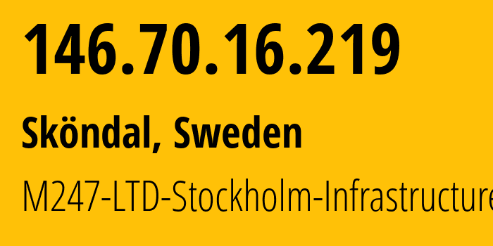 IP-адрес 146.70.16.219 (Sköndal, Stockholm County, Швеция) определить местоположение, координаты на карте, ISP провайдер AS9009 M247-LTD-Stockholm-Infrastructure // кто провайдер айпи-адреса 146.70.16.219