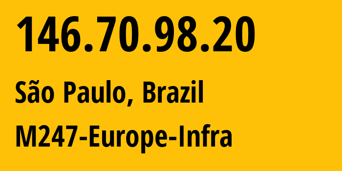 IP-адрес 146.70.98.20 (Сан-Паулу, Сан-Паулу, Бразилия) определить местоположение, координаты на карте, ISP провайдер AS9009 M247-Europe-Infra // кто провайдер айпи-адреса 146.70.98.20