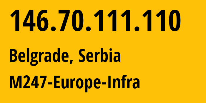 IP address 146.70.111.110 (Belgrade, Central Serbia, Serbia) get location, coordinates on map, ISP provider AS9009 M247-Europe-Infra // who is provider of ip address 146.70.111.110, whose IP address