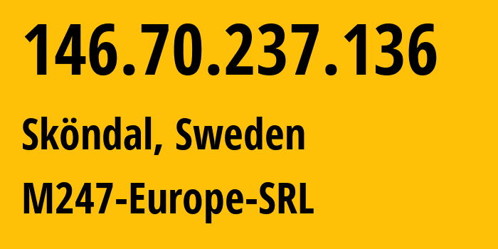 IP-адрес 146.70.237.136 (Sköndal, Stockholm County, Швеция) определить местоположение, координаты на карте, ISP провайдер AS9009 M247-Europe-SRL // кто провайдер айпи-адреса 146.70.237.136