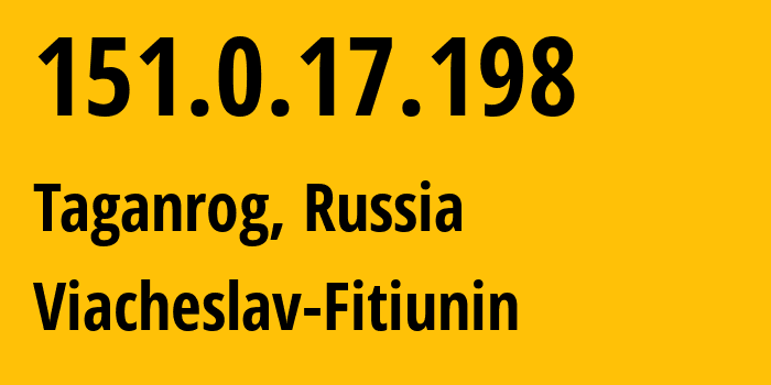 IP address 151.0.17.198 (Taganrog, Rostov Oblast, Russia) get location, coordinates on map, ISP provider AS57164 Viacheslav-Fitiunin // who is provider of ip address 151.0.17.198, whose IP address