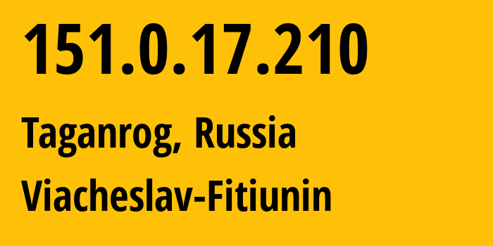 IP address 151.0.17.210 (Taganrog, Rostov Oblast, Russia) get location, coordinates on map, ISP provider AS57164 Viacheslav-Fitiunin // who is provider of ip address 151.0.17.210, whose IP address