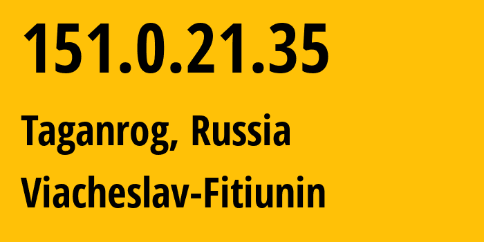 IP address 151.0.21.35 (Taganrog, Rostov Oblast, Russia) get location, coordinates on map, ISP provider AS57164 Viacheslav-Fitiunin // who is provider of ip address 151.0.21.35, whose IP address