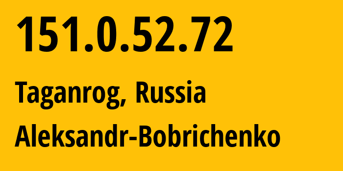 IP address 151.0.52.72 (Taganrog, Rostov Oblast, Russia) get location, coordinates on map, ISP provider AS48687 Aleksandr-Bobrichenko // who is provider of ip address 151.0.52.72, whose IP address