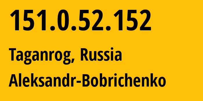 IP-адрес 151.0.52.152 (Таганрог, Ростовская Область, Россия) определить местоположение, координаты на карте, ISP провайдер AS48687 Aleksandr-Bobrichenko // кто провайдер айпи-адреса 151.0.52.152