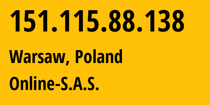 IP-адрес 151.115.88.138 (Варшава, Мазовецкое воеводство, Польша) определить местоположение, координаты на карте, ISP провайдер AS12876 Online-S.A.S. // кто провайдер айпи-адреса 151.115.88.138