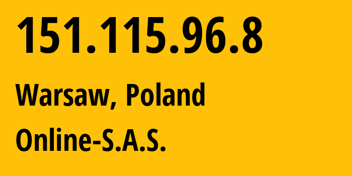 IP-адрес 151.115.96.8 (Варшава, Мазовецкое воеводство, Польша) определить местоположение, координаты на карте, ISP провайдер AS12876 Online-S.A.S. // кто провайдер айпи-адреса 151.115.96.8
