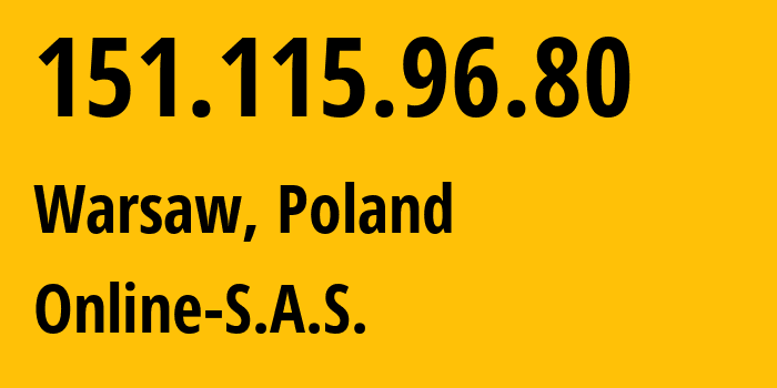 IP-адрес 151.115.96.80 (Варшава, Мазовецкое воеводство, Польша) определить местоположение, координаты на карте, ISP провайдер AS12876 Online-S.A.S. // кто провайдер айпи-адреса 151.115.96.80