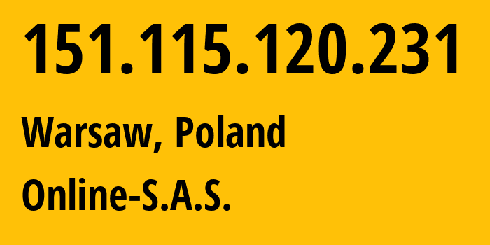 IP-адрес 151.115.120.231 (Варшава, Мазовецкое воеводство, Польша) определить местоположение, координаты на карте, ISP провайдер AS12876 Online-S.A.S. // кто провайдер айпи-адреса 151.115.120.231