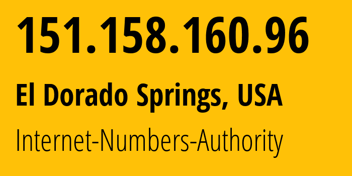 IP-адрес 151.158.160.96 (Schell City, Миссури, США) определить местоположение, координаты на карте, ISP провайдер AS0 Internet-Numbers-Authority // кто провайдер айпи-адреса 151.158.160.96