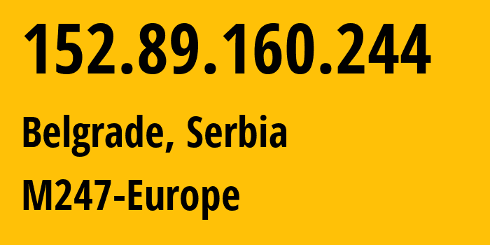 IP address 152.89.160.244 (Belgrade, Central Serbia, Serbia) get location, coordinates on map, ISP provider AS9009 M247-Europe // who is provider of ip address 152.89.160.244, whose IP address