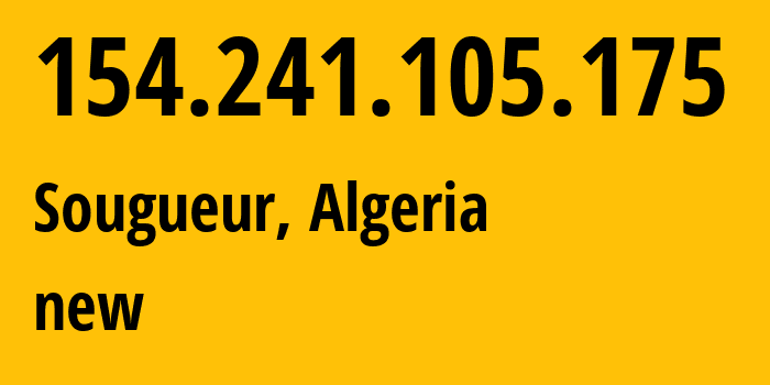 IP address 154.241.105.175 (Sougueur, Tiaret, Algeria) get location, coordinates on map, ISP provider AS36947 new // who is provider of ip address 154.241.105.175, whose IP address