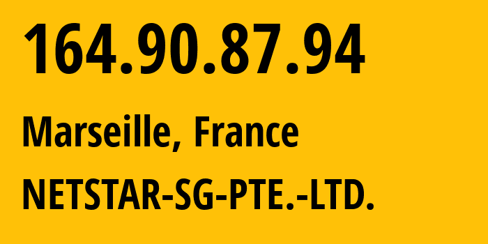 IP address 164.90.87.94 (Marseille, Provence-Alpes-Côte dAzur, France) get location, coordinates on map, ISP provider AS10122 NETSTAR-SG-PTE.-LTD. // who is provider of ip address 164.90.87.94, whose IP address