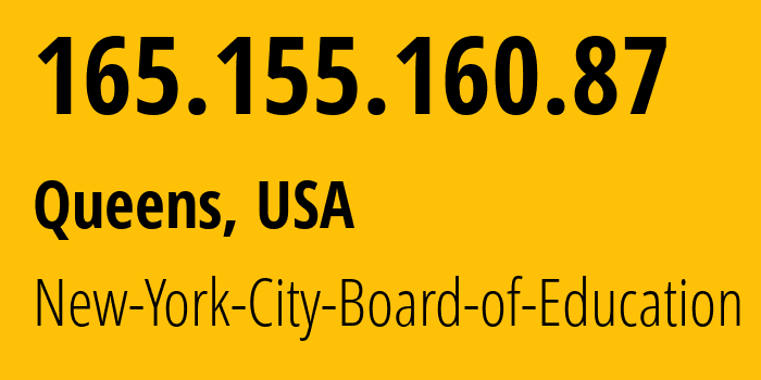 IP-адрес 165.155.160.87 (Бруклин, Нью-Йорк, США) определить местоположение, координаты на карте, ISP провайдер AS21704 New-York-City-Board-of-Education // кто провайдер айпи-адреса 165.155.160.87