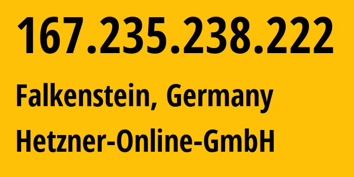 IP-адрес 167.235.238.222 (Фалькенштайн, Саксония, Германия) определить местоположение, координаты на карте, ISP провайдер AS24940 Hetzner-Online-GmbH // кто провайдер айпи-адреса 167.235.238.222