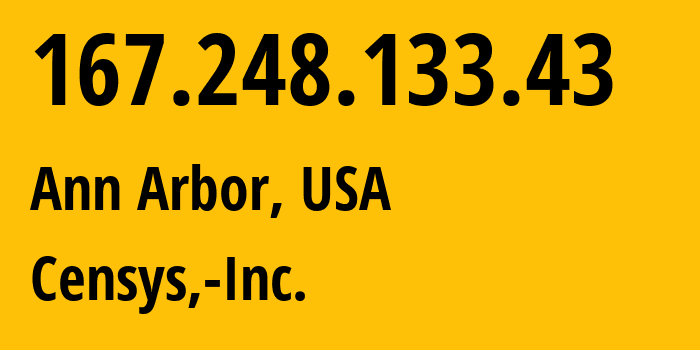 IP address 167.248.133.43 (Ann Arbor, Michigan, USA) get location, coordinates on map, ISP provider AS398324 Censys,-Inc. // who is provider of ip address 167.248.133.43, whose IP address