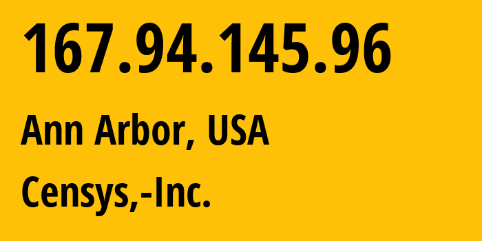 IP address 167.94.145.96 (Ann Arbor, Michigan, USA) get location, coordinates on map, ISP provider AS398705 Censys,-Inc. // who is provider of ip address 167.94.145.96, whose IP address