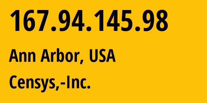 IP address 167.94.145.98 (Ann Arbor, Michigan, USA) get location, coordinates on map, ISP provider AS398705 Censys,-Inc. // who is provider of ip address 167.94.145.98, whose IP address