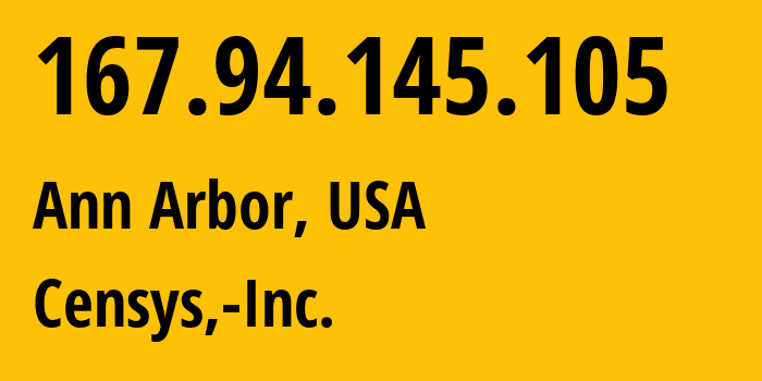 IP address 167.94.145.105 (Ann Arbor, Michigan, USA) get location, coordinates on map, ISP provider AS398705 Censys,-Inc. // who is provider of ip address 167.94.145.105, whose IP address