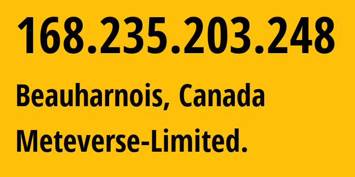 IP-адрес 168.235.203.248 (Боарнуа, Quebec, Канада) определить местоположение, координаты на карте, ISP провайдер AS54994 Meteverse-Limited. // кто провайдер айпи-адреса 168.235.203.248