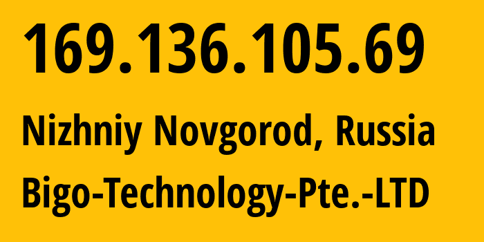 IP-адрес 169.136.105.69 (Нижний Новгород, Нижегородская Область, Россия) определить местоположение, координаты на карте, ISP провайдер AS10122 Bigo-Technology-Pte.-LTD // кто провайдер айпи-адреса 169.136.105.69