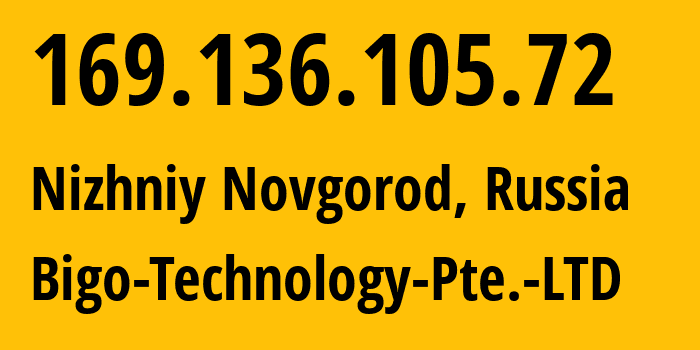 IP-адрес 169.136.105.72 (Нижний Новгород, Нижегородская Область, Россия) определить местоположение, координаты на карте, ISP провайдер AS10122 Bigo-Technology-Pte.-LTD // кто провайдер айпи-адреса 169.136.105.72