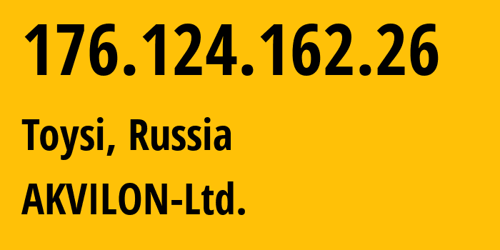 IP address 176.124.162.26 (Toysi, Chuvash Republic, Russia) get location, coordinates on map, ISP provider AS48667 AKVILON-Ltd. // who is provider of ip address 176.124.162.26, whose IP address