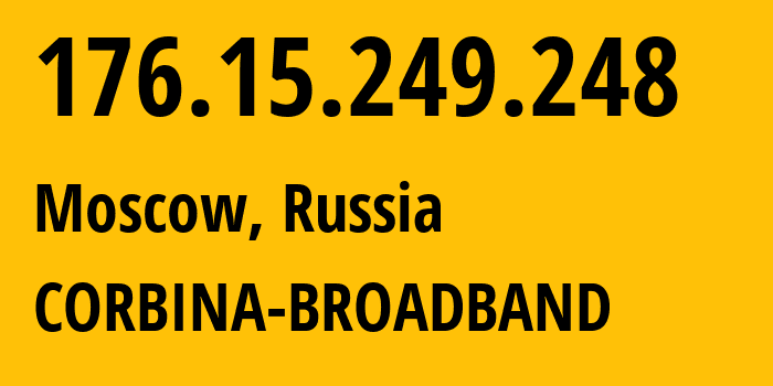 IP-адрес 176.15.249.248 (Москва, Москва, Россия) определить местоположение, координаты на карте, ISP провайдер AS16345 CORBINA-BROADBAND // кто провайдер айпи-адреса 176.15.249.248