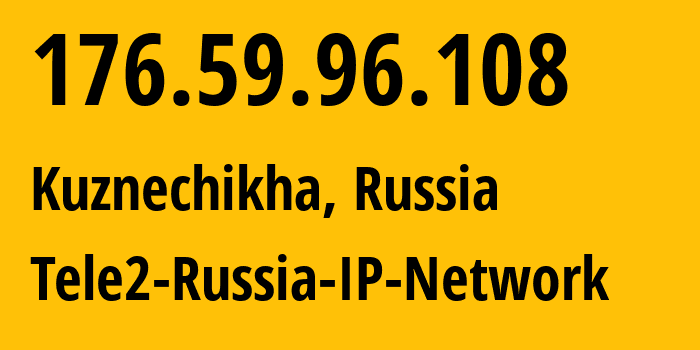 IP address 176.59.96.108 (Kuznechikha, Nizhny Novgorod Oblast, Russia) get location, coordinates on map, ISP provider AS48092 Tele2-Russia-IP-Network // who is provider of ip address 176.59.96.108, whose IP address