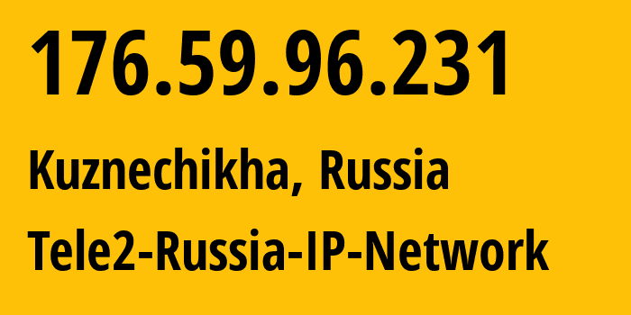 IP-адрес 176.59.96.231 (Кузнечиха, Нижегородская Область, Россия) определить местоположение, координаты на карте, ISP провайдер AS48092 Tele2-Russia-IP-Network // кто провайдер айпи-адреса 176.59.96.231