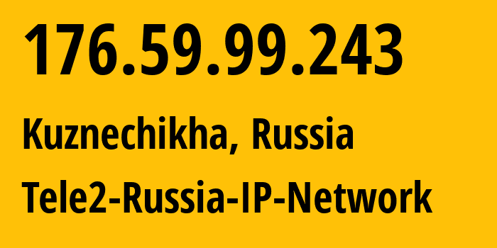 IP-адрес 176.59.99.243 (Кузнечиха, Нижегородская Область, Россия) определить местоположение, координаты на карте, ISP провайдер AS48092 Tele2-Russia-IP-Network // кто провайдер айпи-адреса 176.59.99.243