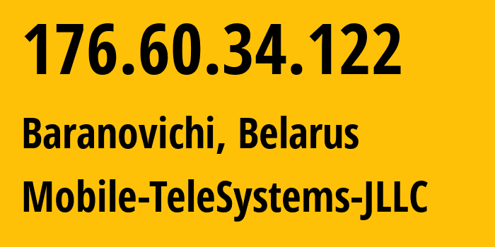 IP address 176.60.34.122 (Baranovichi, Brest, Belarus) get location, coordinates on map, ISP provider AS25106 Mobile-TeleSystems-JLLC // who is provider of ip address 176.60.34.122, whose IP address