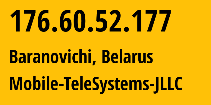 IP address 176.60.52.177 (Baranovichi, Brest, Belarus) get location, coordinates on map, ISP provider AS25106 Mobile-TeleSystems-JLLC // who is provider of ip address 176.60.52.177, whose IP address