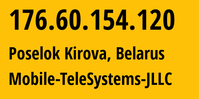 IP address 176.60.154.120 (Poselok Kirova, Minsk, Belarus) get location, coordinates on map, ISP provider AS25106 Mobile-TeleSystems-JLLC // who is provider of ip address 176.60.154.120, whose IP address