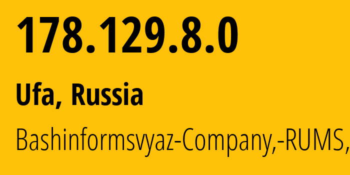 IP address 178.129.8.0 (Ufa, Bashkortostan Republic, Russia) get location, coordinates on map, ISP provider AS28812 Bashinformsvyaz-Company,-RUMS,-DSL // who is provider of ip address 178.129.8.0, whose IP address