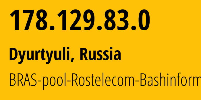 IP address 178.129.83.0 (Dyurtyuli, Bashkortostan Republic, Russia) get location, coordinates on map, ISP provider AS28812 BRAS-pool-Rostelecom-Bashinformsvyaz // who is provider of ip address 178.129.83.0, whose IP address