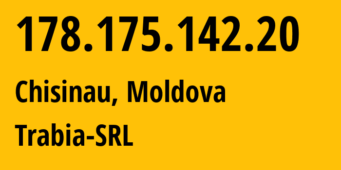 IP-адрес 178.175.142.20 (Кишинёв, Кишинёв, Молдавия) определить местоположение, координаты на карте, ISP провайдер AS43289 Trabia-SRL // кто провайдер айпи-адреса 178.175.142.20