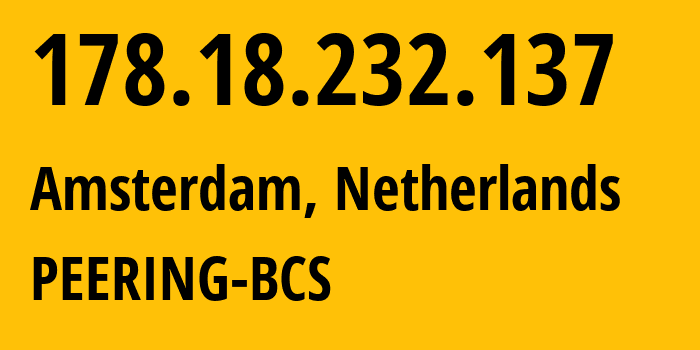 IP address 178.18.232.137 (Amsterdam, North Holland, Netherlands) get location, coordinates on map, ISP provider AS31500 PEERING-BCS // who is provider of ip address 178.18.232.137, whose IP address