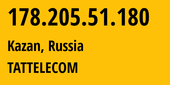 IP address 178.205.51.180 (Kazan, Tatarstan Republic, Russia) get location, coordinates on map, ISP provider AS28840 TATTELECOM // who is provider of ip address 178.205.51.180, whose IP address