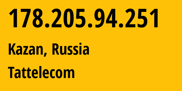 IP address 178.205.94.251 (Kazan, Tatarstan Republic, Russia) get location, coordinates on map, ISP provider AS28840 Tattelecom // who is provider of ip address 178.205.94.251, whose IP address