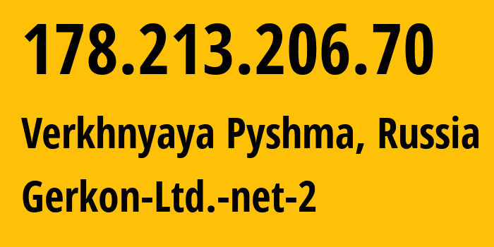 IP address 178.213.206.70 (Verkhnyaya Pyshma, Sverdlovsk Oblast, Russia) get location, coordinates on map, ISP provider AS42498 Gerkon-Ltd.-net-2 // who is provider of ip address 178.213.206.70, whose IP address