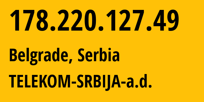 IP-адрес 178.220.127.49 (Белград, Belgrade, Сербия) определить местоположение, координаты на карте, ISP провайдер AS8400 TELEKOM-SRBIJA-a.d. // кто провайдер айпи-адреса 178.220.127.49