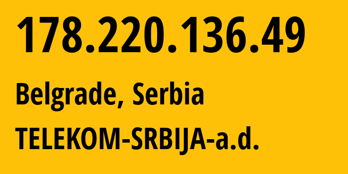 IP address 178.220.136.49 get location, coordinates on map, ISP provider AS8400 TELEKOM-SRBIJA-a.d. // who is provider of ip address 178.220.136.49, whose IP address