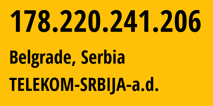 IP address 178.220.241.206 (Belgrade, Belgrade, Serbia) get location, coordinates on map, ISP provider AS8400 TELEKOM-SRBIJA-a.d. // who is provider of ip address 178.220.241.206, whose IP address