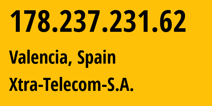 IP-адрес 178.237.231.62 (Валенсия, Область Валенсия, Испания) определить местоположение, координаты на карте, ISP провайдер AS15704 Xtra-Telecom-S.A. // кто провайдер айпи-адреса 178.237.231.62