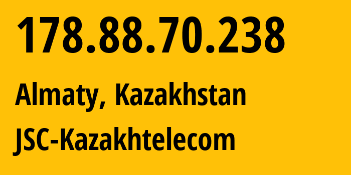 IP address 178.88.70.238 (Almaty, Almaty, Kazakhstan) get location, coordinates on map, ISP provider AS9198 JSC-Kazakhtelecom // who is provider of ip address 178.88.70.238, whose IP address