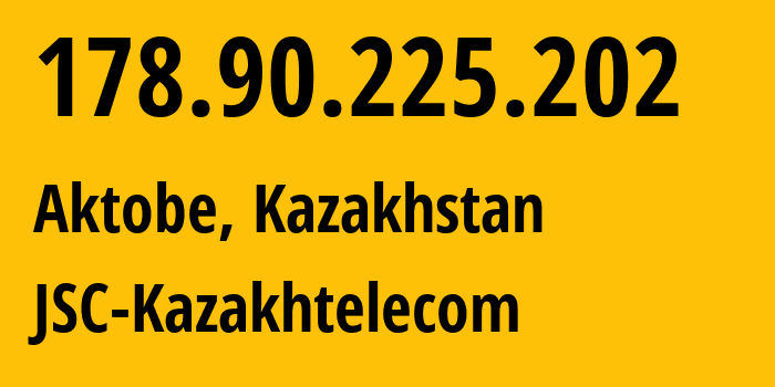 IP address 178.90.225.202 (Aktobe, Aktyubinskaya Oblast, Kazakhstan) get location, coordinates on map, ISP provider AS9198 JSC-Kazakhtelecom // who is provider of ip address 178.90.225.202, whose IP address