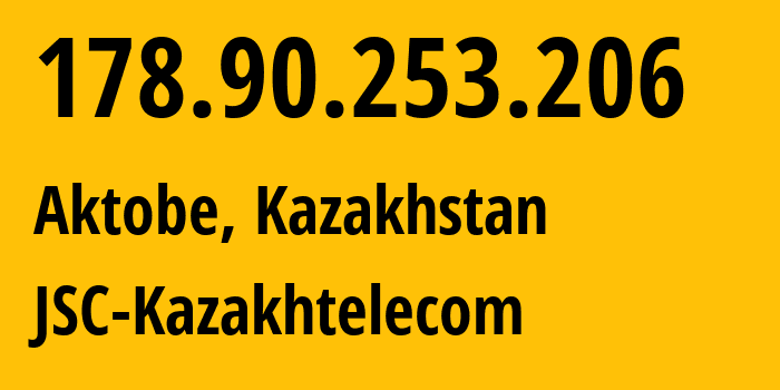 IP-адрес 178.90.253.206 (Актобе, Aktyubinskaya Oblast, Казахстан) определить местоположение, координаты на карте, ISP провайдер AS9198 JSC-Kazakhtelecom // кто провайдер айпи-адреса 178.90.253.206